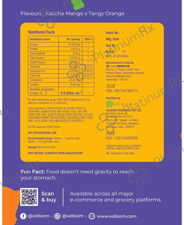 Velbiom Bonatona Probiotic Gummies Kaccha Mango x Tangy Orange
