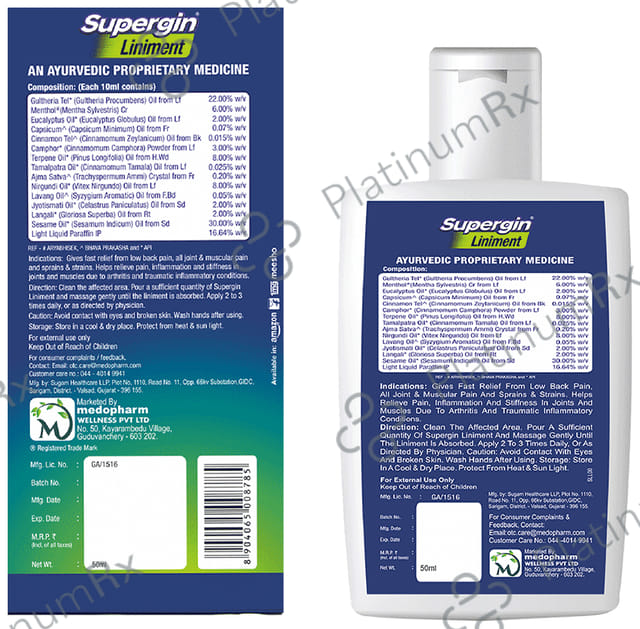 Supergin Liniment Fast Ayurvedic Pain Relief Formula 50 Liniment