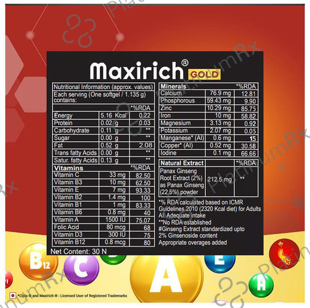 Maxirich Gold Daily Supplement With Ginseng Extract Multivitamin For Energy, Immunity & Memory Capsule 30s