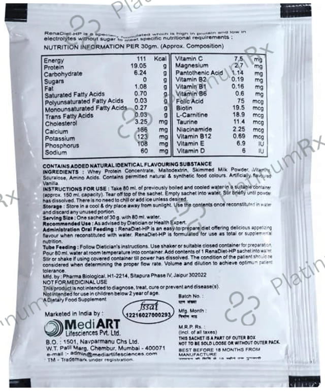 Renadiet HP High Protein Sachet - Sucrose Free - Flavour Vanilla