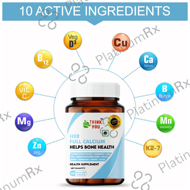 Think You Her Full Calcium Tablet For Women with Calcium & D3, Magnesium, Zinc, B12, & K2-7 (60 Each) 1 Bottle