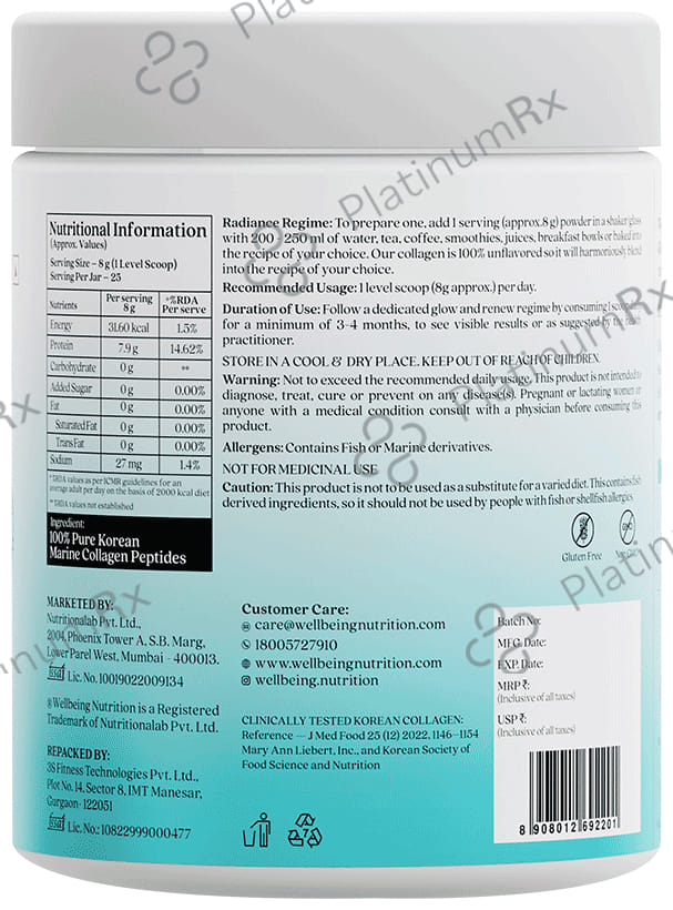 Wellbeing Nutrition Marine Collagen Type I &III 8000mg - For Skin, Hair, Nails, Bones & Joints - Unflavoured