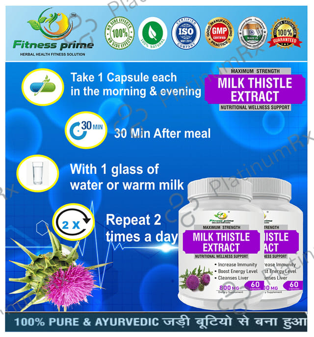 Fitness Prime Maximum Strength Milk Thistle Extract Nutritional Wellness Support 800mg Capsule