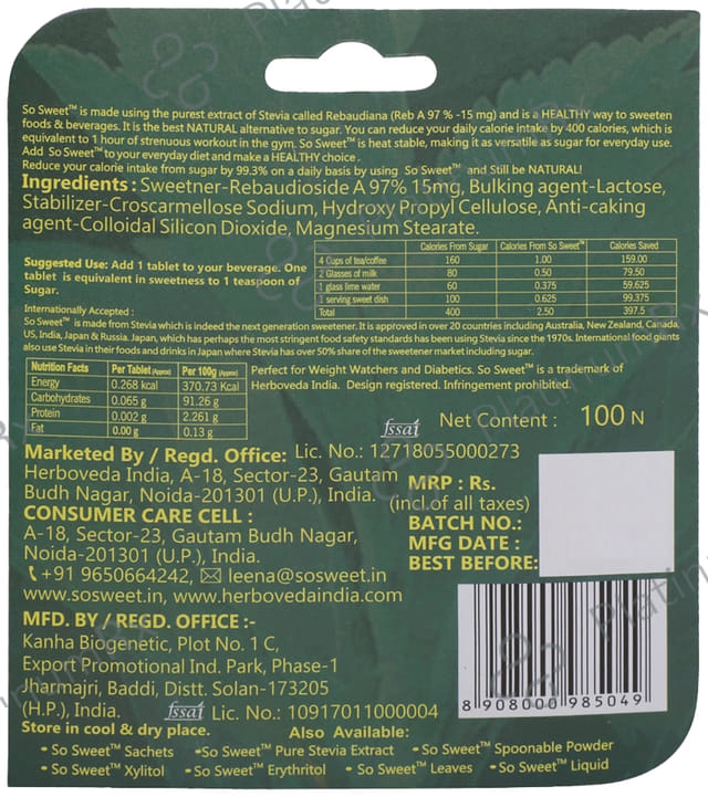 So Sweet Stevia Natural Sweetener for Diabetics - Zero Calorie - Tablet 100 tablets