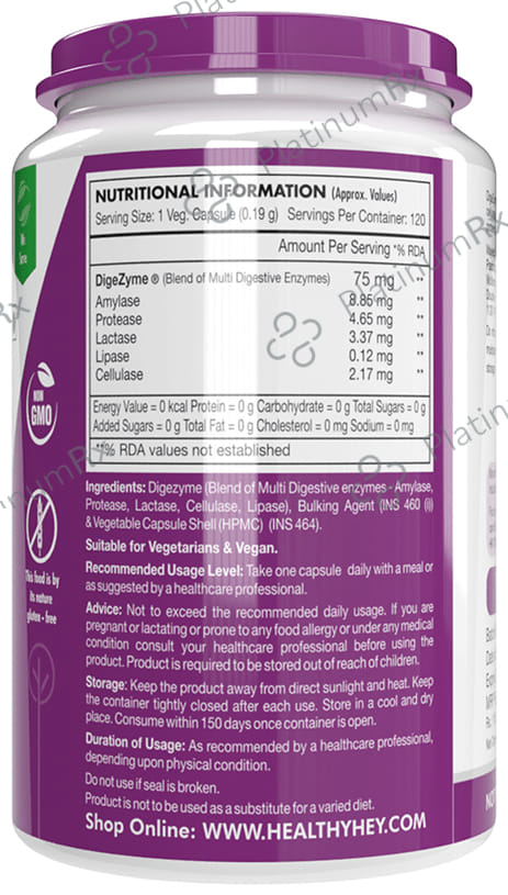 HealthyHey Digestive Enzymes with Amylase, Protease, Lipase, Cellulose & Lactose - Multi Enzyme Complex Veg Capsule 120 vegicaps
