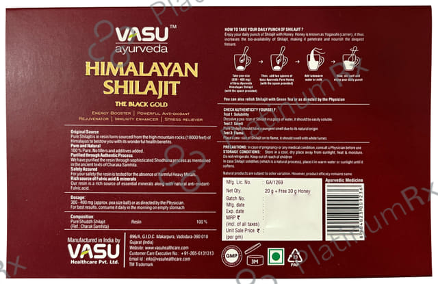 Vasu Ayurveda Himalayan Shilajit The Black Gold with Pure Honey 30gm Free 20gm