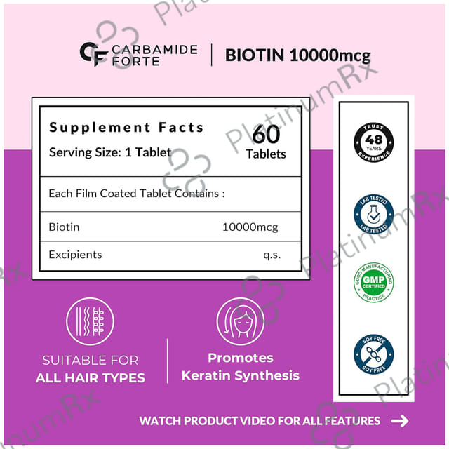 Carbamide Forte Biotin 10,000mcg Tablet for Skin, Hair & Nail Health 60 tablets