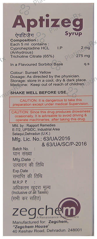 Aptizeg 2/275mg Syrup Orange Sugar Free 200ml