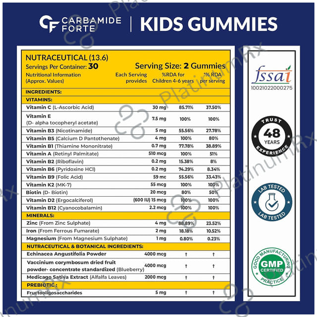 Carbamide Forte Novosules Kids Multivitamin - Gummies for Energy, Brain & Gut Health - Flavour Mango, Strawberry & Orange 60 gummies
