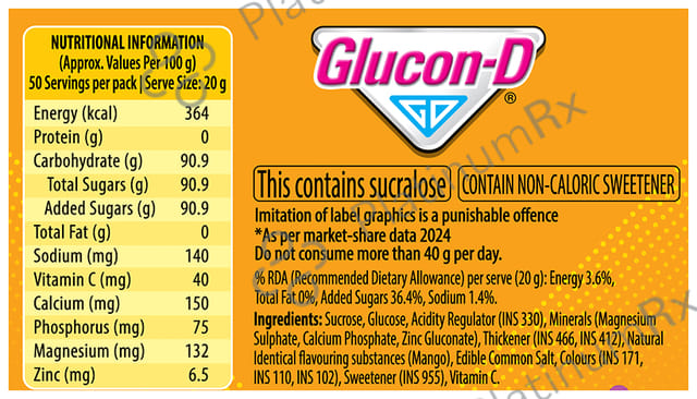 Glucon-D with Glucose, Calcium, Vitamin C & Sucrose - Flavour Mango Blast Powder