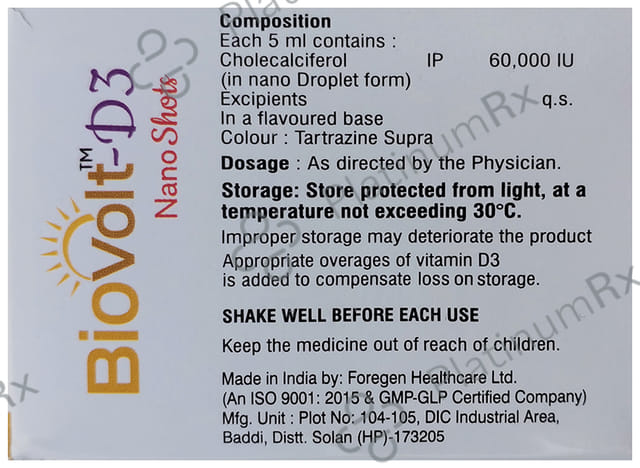 Biovolt D3 Nano Shot 60000IU Butterscotch Flavour Sugar Free Oral Solution 5ml