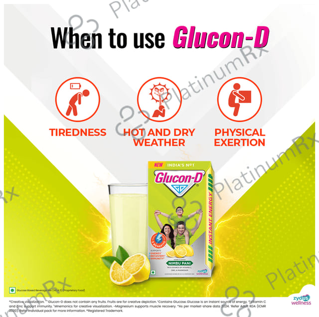 Glucon D with Glucose, Calcium, Vitamin C & Sucrose Flavour Nimbu Pani Powder 450gm