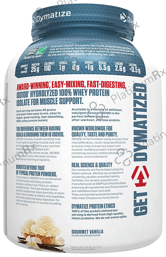 Dymatize Nutrition ISO 100 Hydrolyzed 100% Whey Protein Isloate Powder Gourmet Vanilla