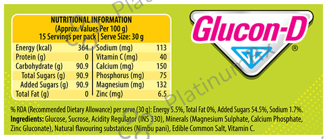Glucon D with Glucose, Calcium, Vitamin C & Sucrose Flavour Nimbu Pani Powder 450gm