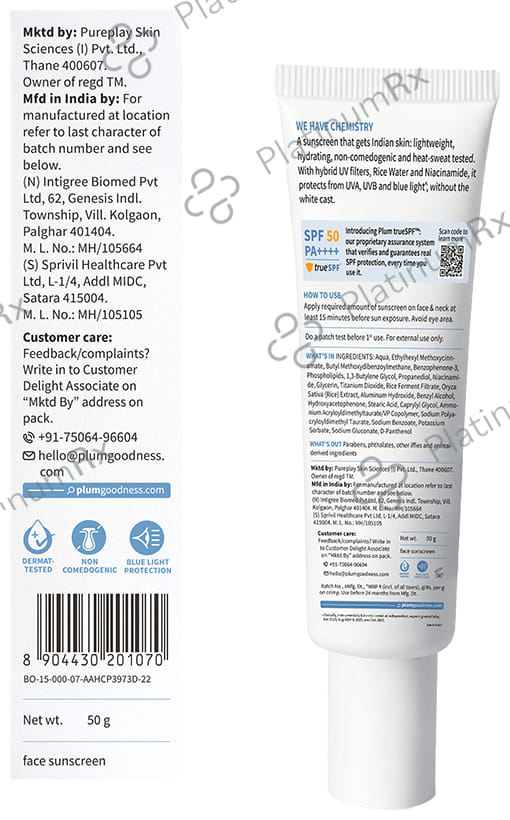 Plum 2% Niacinamide & Rice Water Hybrid Face Sunscreen SPF 50 PA+++ Cream 50 gm