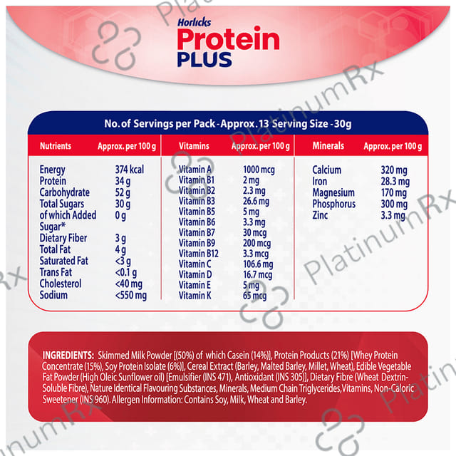 Horlicks Protein Plus with Triple Protein Blend of Soy, Whey, Casein - No Added Sugar - Flavour Vanilla