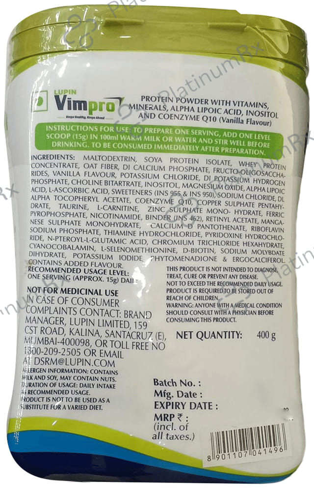 Vimpro Protein with ALA, Inositol & Coenzyme Q10 - Gluten Free - Flavour Powder