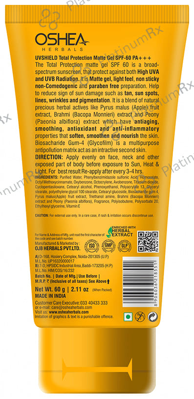 Oshea Herbals Uv Shield Total Protection Matte SPF 60 PA+++ Gel 60gm