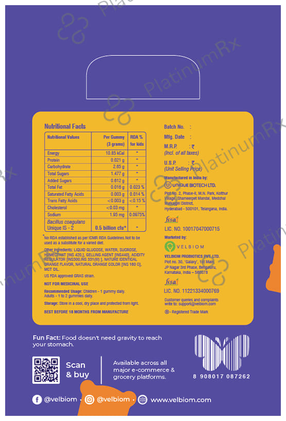 Velbiom Bona Tona Probiotic Gummy Health Supplement Orange
