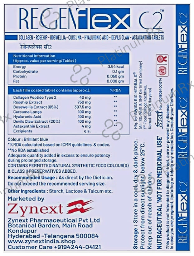 Regenflex C2-Undenatured Type II Collagen,Hyaluronic acid,Boswellia serrata,Curcumin,Devils claw,Astaxanthin,Joint Pain medicine,Joint Support Supplement Tablet