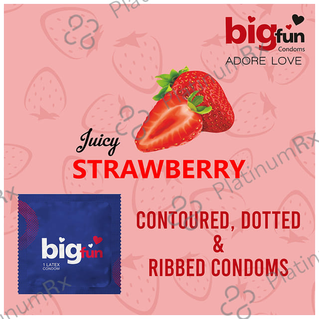 Bigfun Dotted, Ribbed & Contoured Juicy Strawberry Flavour Condom 3s