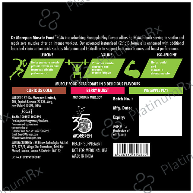 Dr. Morepen Muscle Food BCCA for Lean Muscles, Performance & Strength - Flavour Pineapple Play