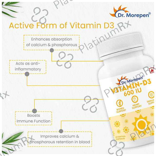 Dr. Morepen Vitamin-D3 600 IU - Softgel Capsule for Bones, Heart & Immunity