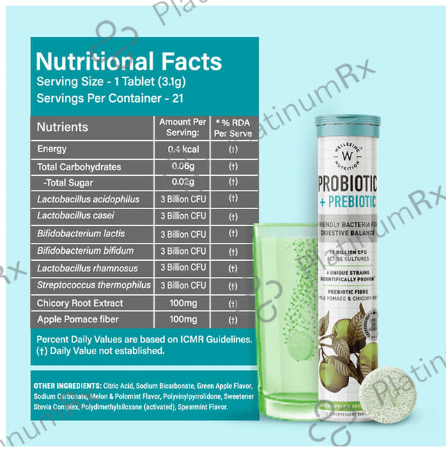 Wellbeing Nutrition Probiotic + Prebiotic Fibre with 18 Billion CFU - Effervescent Tablet for Gut Health - Flavour Green Apple & Mint 1 Bottle