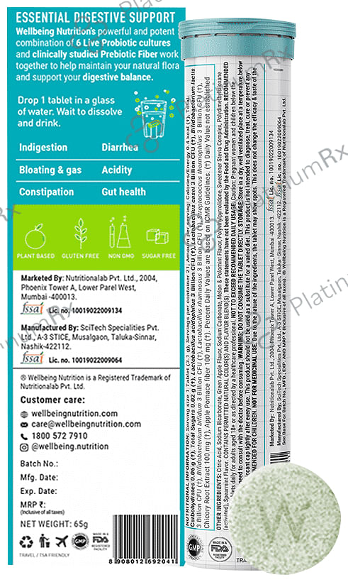 Wellbeing Nutrition Probiotic + Prebiotic Fibre with 18 Billion CFU - Effervescent Tablet for Gut Health - Flavour Green Apple & Mint 1 Bottle