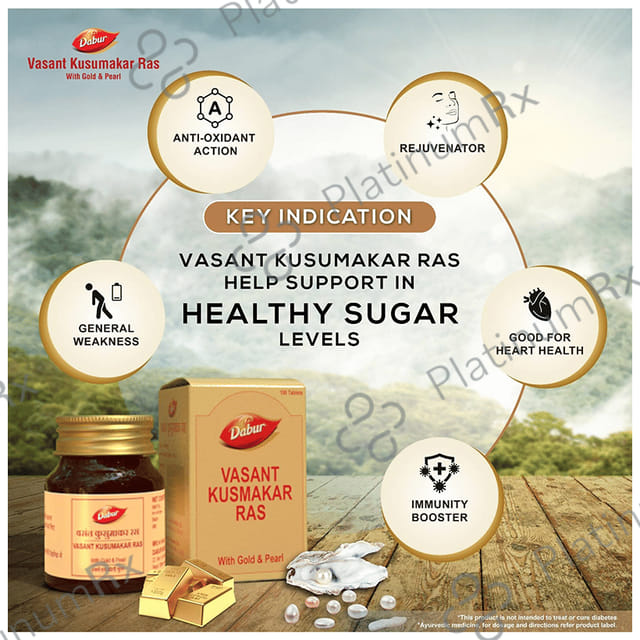 Dabur Vasant Kusumakar Ras with Gold & Pearl Tablet - For General Weakness, Heart Health, Immunity & Antioxidant Support 30 tablets