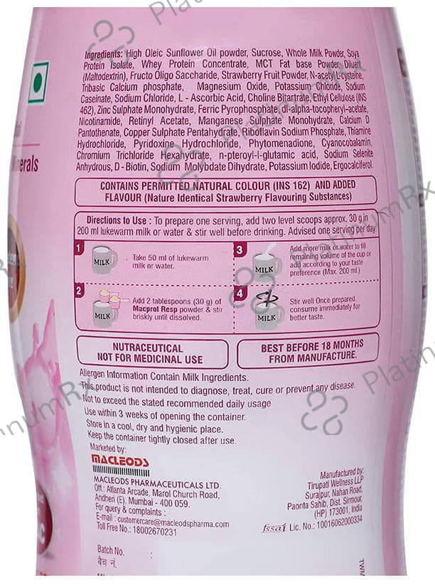 Macprot Resp Protein with Vitamins, Minerals & NAC - Gluten Free - Flavour Powder Strawberry