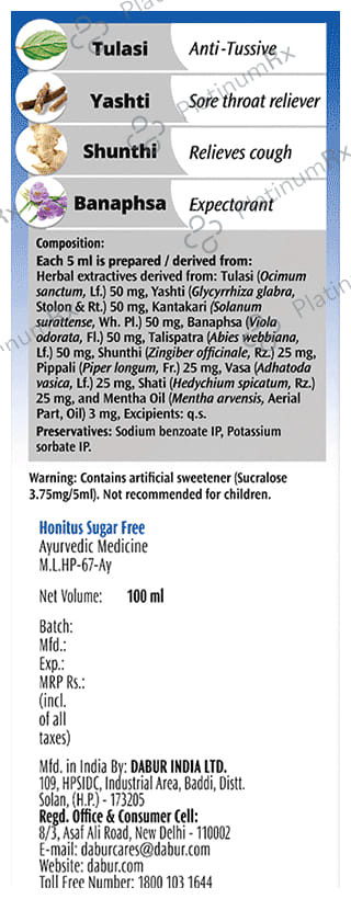Dabur Honitus Herbal Cough Remedy Sugar Free Oral Solution 100ml