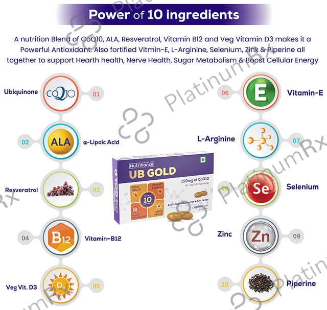 Jubilant Nutrihance UB Gold 150mg of CoQ10 with ALA & Vitamin D3 - Veg Softgel for Heart & Nerve Health 10 Soft Gelatin Capsule