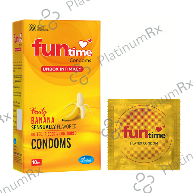 Funtime Dotted Ribbed & Contoured Fruity Banana Flavour Condom 10s