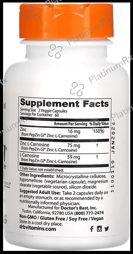 Doctor's Best Zinc Carnosine Complex with Pepzin GI Veggie Capsule - Promotes Stomach & GI Health