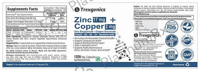 Trexgenics Zinc 17mg + Copper 2mg Veg Capsule
