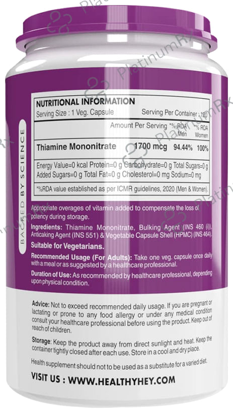 HealthyHey Nutrition Vitamin B1 1700mcg Vegetable Capsule