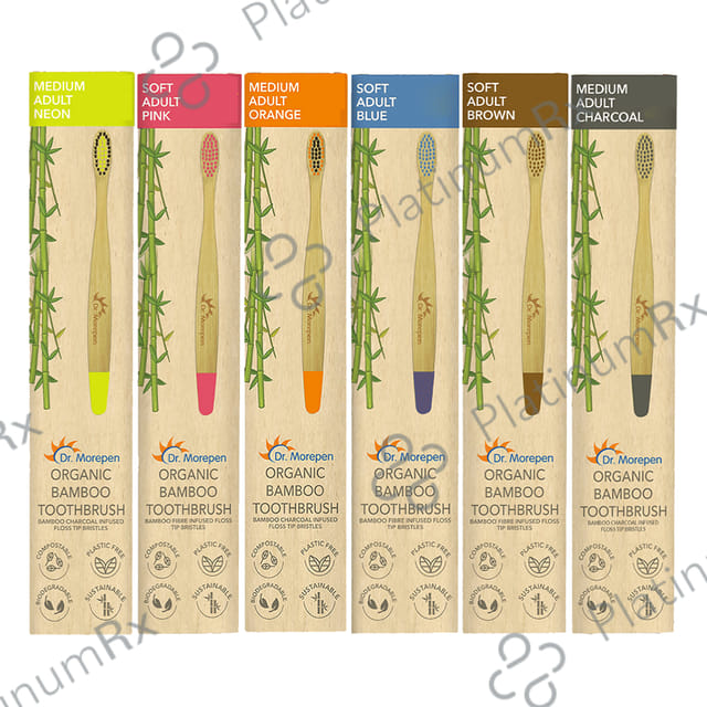 Dr. Morepen Organic Bamboo Toothbrush Adult 3 Medium & 3 Soft Neon, Pink, Orange, Blue, Brown & Charcoal