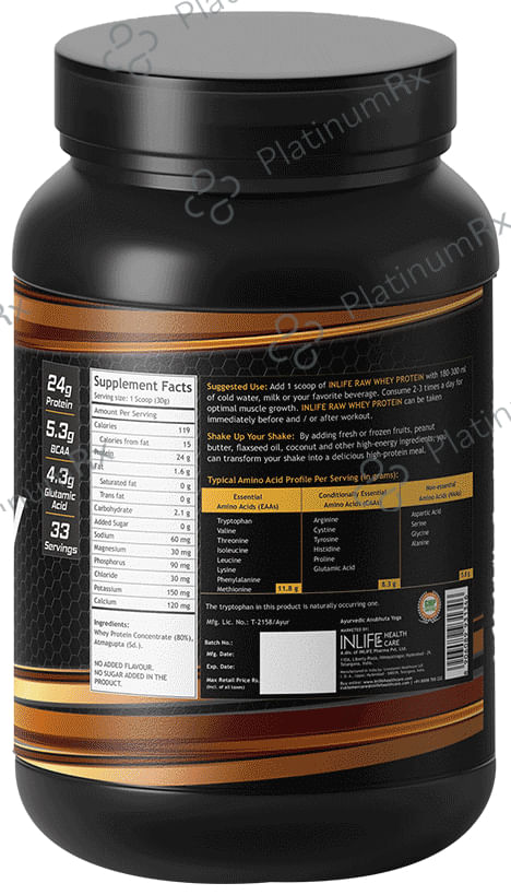 Inlife Raw Whey Protein Powder Unflavored 1 kg