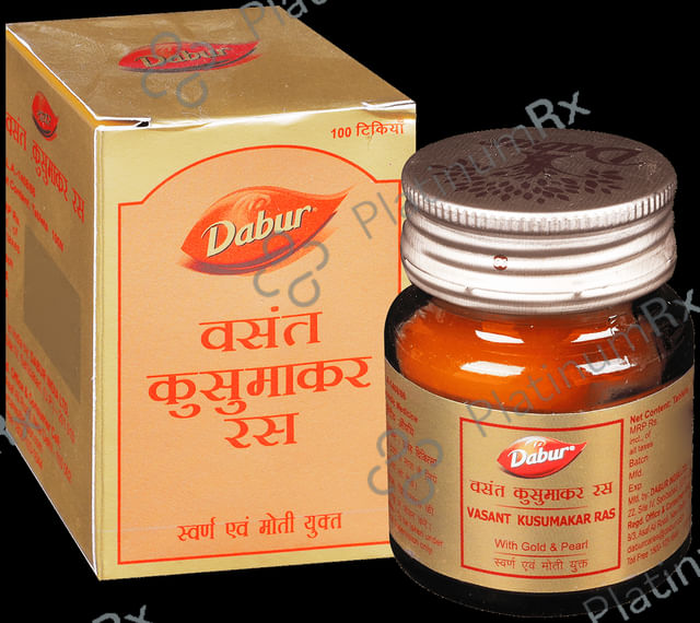 Dabur Vasant Kusumakar Ras with Gold & Pearl Tablet - For General Weakness, Heart Health, Immunity & Antioxidant Support 100 tablets