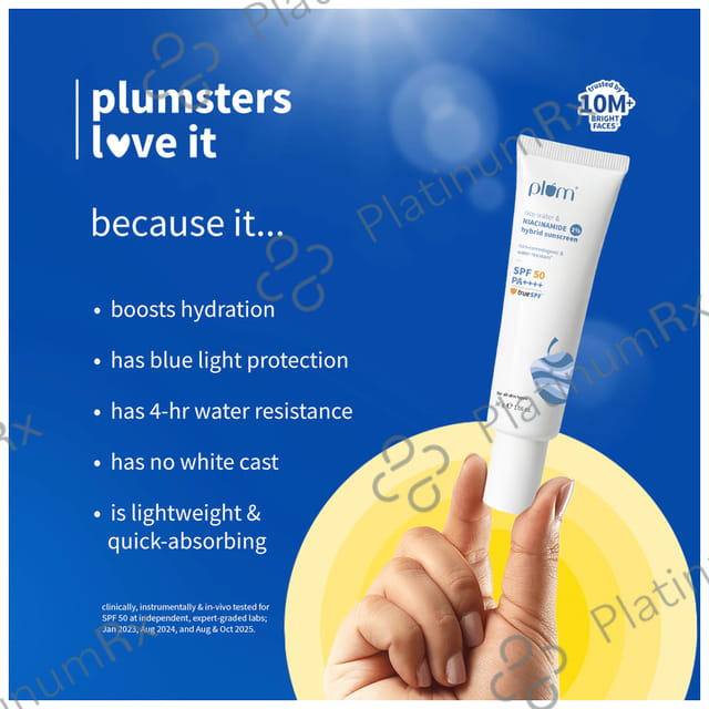 Plum 2% Niacinamide & Rice Water Hybrid Face Sunscreen SPF 50 PA+++ Cream 50 gm