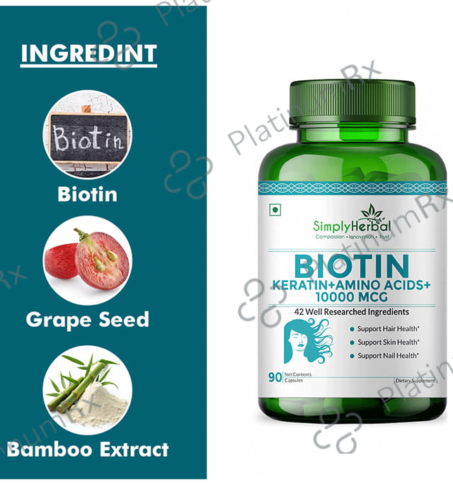 Simply Herbal Biotin 10000mcg - With Keratin & Amino Acids for Hair, Skin & Nails - Capsule