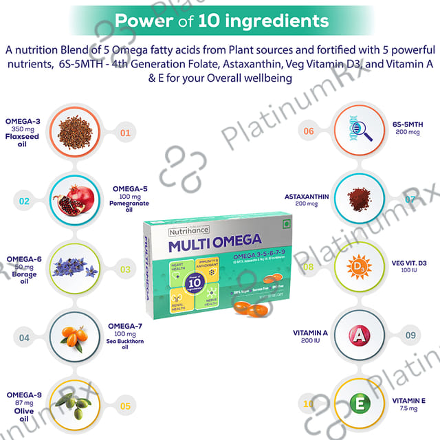 Jubilant Nutrihance Multi Omega 3-5-6-7-9 - Vegetarian Softgel for Heart, Renal & Nerve Health 10 Soft Gelatin Capsule