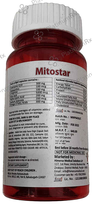 Mitostar Softgel Capsule with Coenzyme Q10, L-Arginine, Folic Acid, ALA & Omega 3 Fatty Acids