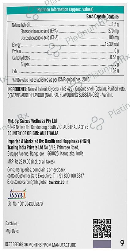 Swisse Ultiboost Odourless High Strength Wild Fish Oil Capsule with 1500mg Omega 3 - For Heart, Brain, Eye & Joint Health 200 capsules