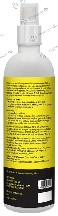 Safe & Sound Nano Silver 24 Hrs. Surface Disinfectant with Spray Bottle 200 ml