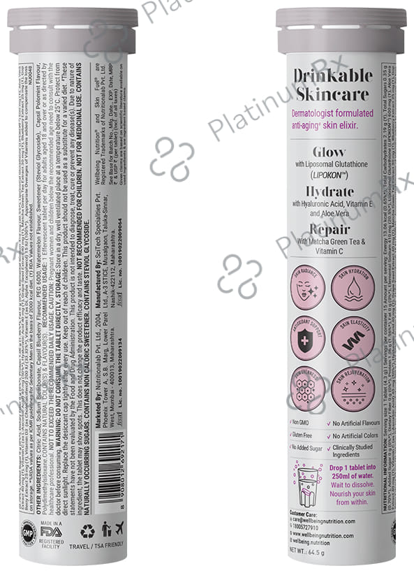Wellbeing Nutrition Skin Fuel with Collagen, Glutathione & Hyaluronic Acid - Effervescent Tablet - Flavour Blueberry & Mint 1 Bottle
