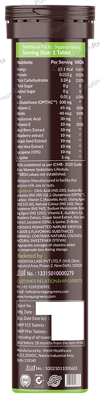 Vegan Greens Skin Radiance Glutathione Effervescent Tablet (25 Each) Orange 1 Bottle