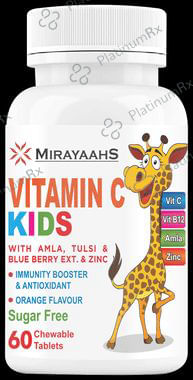 Mirayaahs Vitamin C with Amla, Tulsi & Zinc for Kids' Immunity & Antioxidant Support - Sugar Free - Flavour Orange Chewable Tablet