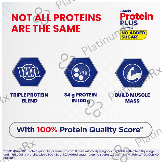 Horlicks Protein Plus with Triple Protein Blend of Soy, Whey, Casein - No Added Sugar - Flavour Vanilla